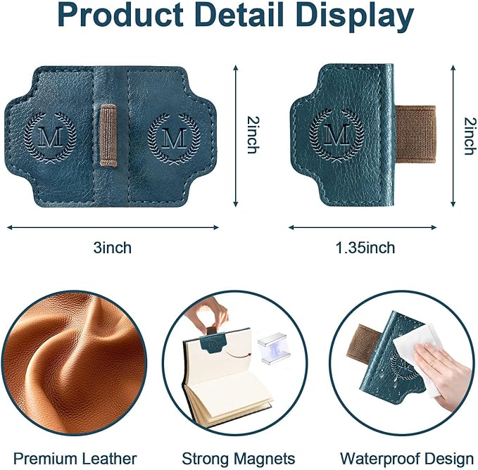 BygoneMark Magnetic Leather Bookmark with Pen Holder, Personalized Custom Initial Page Marker & Pen Clip, Professional Book Accessory for Students (Blue-Y)