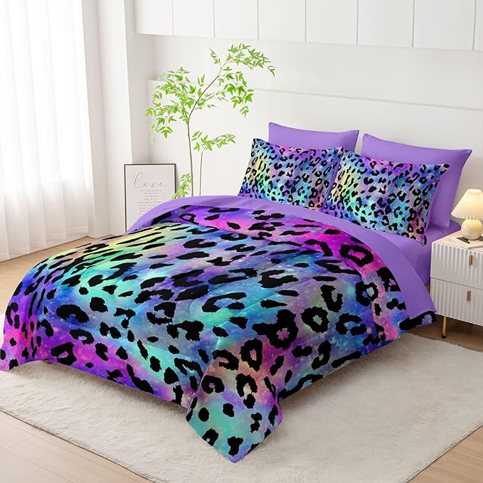 7Pcs Comforter Set Purple Leopard Printed Bedding Set with 1 Comforter, 1 Flat Sheet, 1 Fitted Sheet and 4 Pillowcases for Boys and Girls Bedroom All Season(Full)