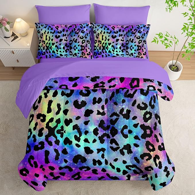 7Pcs Comforter Set Purple Leopard Printed Bedding Set with 1 Comforter, 1 Flat Sheet, 1 Fitted Sheet and 4 Pillowcases for Boys and Girls Bedroom All Season(Queen)