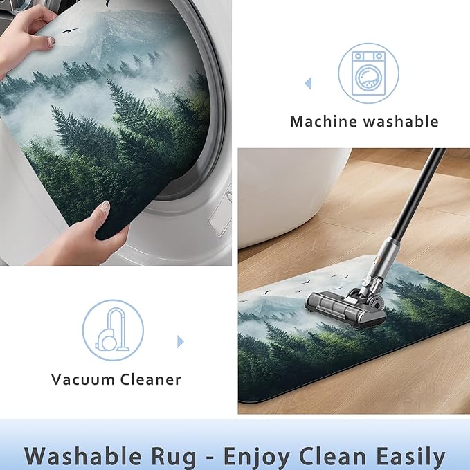 Misty Forest Bathroom Rug 29.5"x17",Green Tree Landscape Quick-Drying Super Absorbent Diatomite Bath Mat with Non-Slip Backing, Thin Washable Bathroom Floor Mat Fits Under Door for Shower, Sink