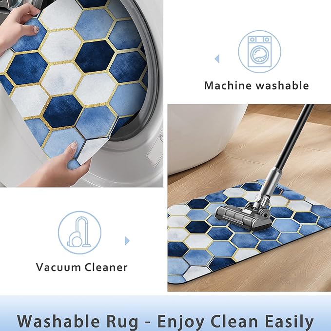 Blue Marble Bathroom Mat, Non-Slip Rubber Backing Thin Low-Profile Bath Rug, Easy-Clean Bathroom Floor Mat for Shower, Bathtub, Kitchen, or Entryway
