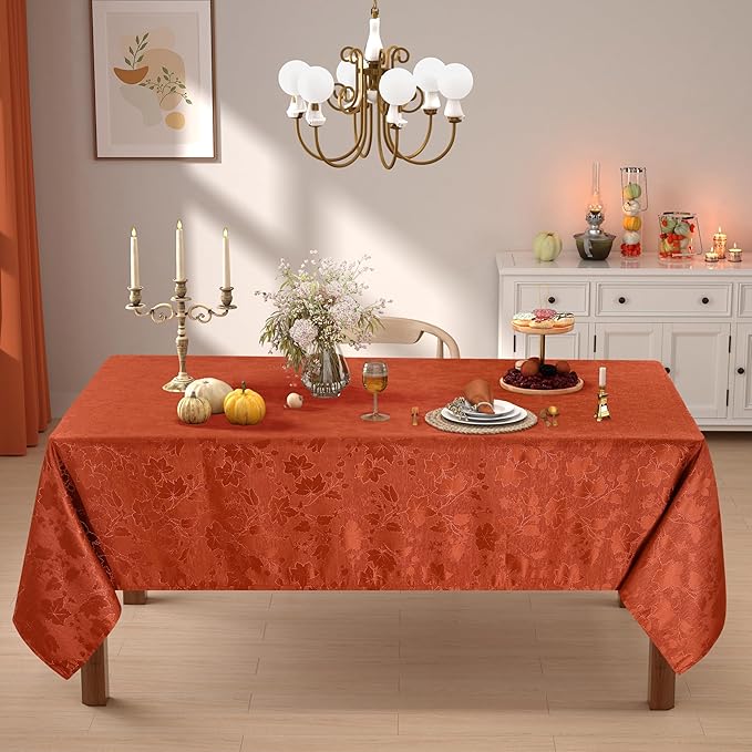 misaya Rectangle Thanksgiving Tablecloth, Waterproof Jacquard Fall Table Cloth, Damask Cloth Table Cover for Harvest Decor (60" x 102", Rust Maple Leaf)