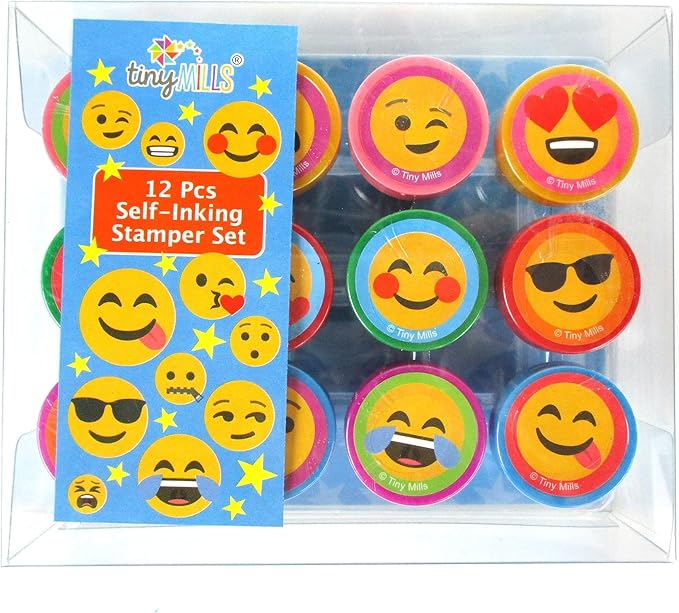 TINYMILLS 12 Pcs Emoji Stamp Kit for Kids - Emoji Self Inking Stamps Gift Party Favors