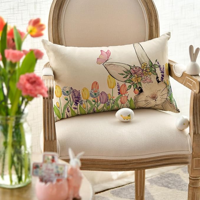 AVOIN colorlife Easter Floral Tulip Garland Bunny Throw Pillow Cover, 12 x 20 Inch Spring Rabbit Holiday Cushion Case Decoration for Sofa Couch