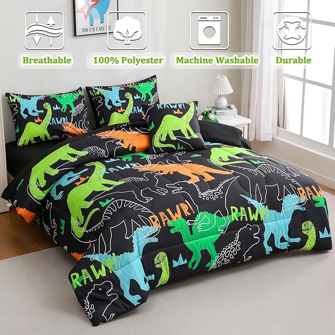 6 Pcs Bed in A Bag Full Comforter Set for Boys Girls, Dinosaur Comforter, Dinosaur Bedding Sets with Sheets for Kids