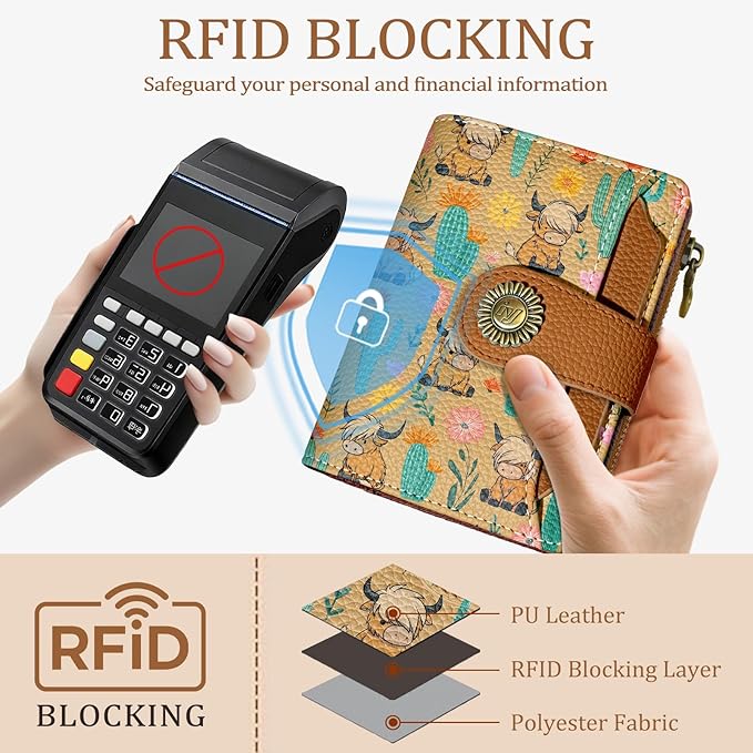 Highland Cow Small Wallet Women RFID Blocking Bifold, Cute Credit Card Holder, Zipper Coin Pocket, PU Leather, Compact, Travel, 4 ID Window, 14 Card Slots, Western, Cash Purse, Ladies Woman