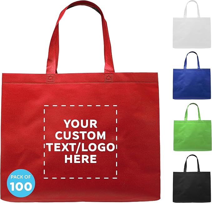 DISCOUNT PROMOS Custom Jumbo Sized Tote Bags Set of 100, Personalized Bulk Pack - Reusable Grocery Bags, Shopping Bags, Promotional Item Totes for Women - Red
