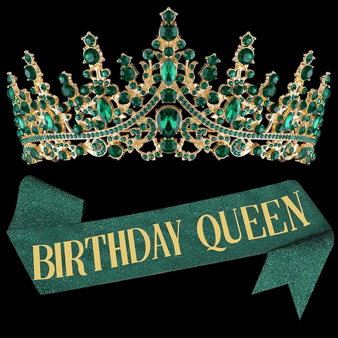 COCIDE Green Birthday Queen Sash for Women Happy Birthday Crowns Princess Tiaras Sashes for Girl Crystal Party Decorations Rhinestone Headband Supplies Decor