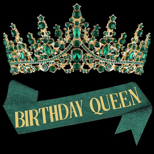 COCIDE Green Birthday Queen Sash for Women Happy Birthday Crowns Princess Tiaras Sashes for Girl Crystal Party Decorations Rhinestone Headband Supplies Decor