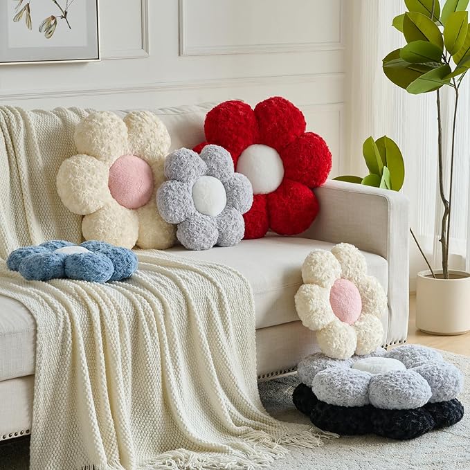 Flower Pillows, Decorative Throw Pillow with Soft Plush for Couch, Flower Shaped Pillow Home Decor Daisy Pillow for Bed (Beige, 14.9 Inches)