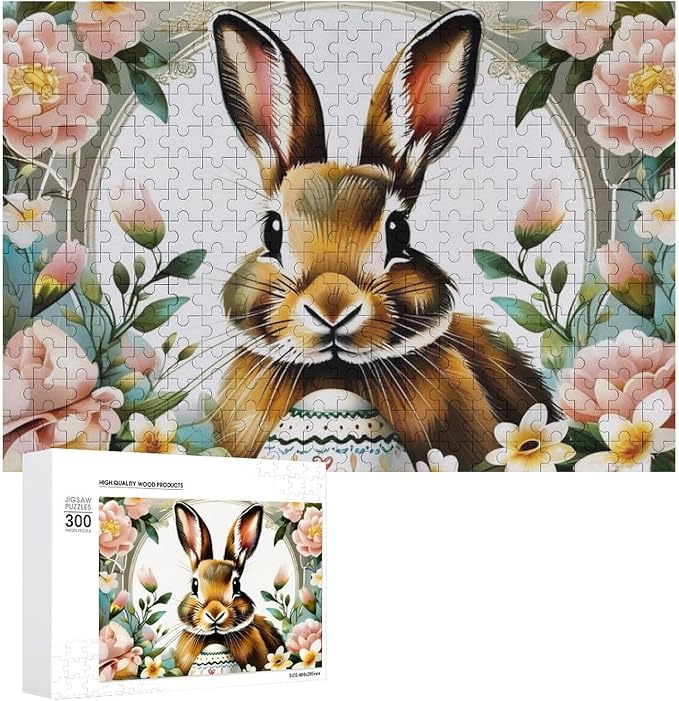 Wooden Puzzle - Easter Bunny with Flower Easter Egg Jigsaw Puzzles，Wooden Puzzles for Adults 300 Pieces Challenge Puzzles，Educational Games，Family Puzzles，Unique Gifts for Wall Art