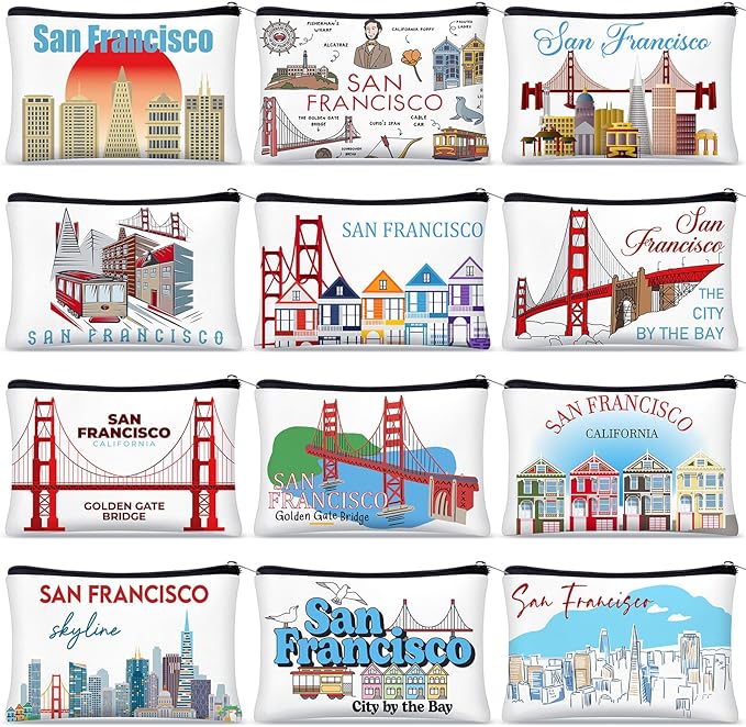 Reginary 12 Pcs City Souvenir Gifts Texas State Gifts Chicago City Souvenirs California Makeup Bag Paris San Francisco Alaska Zippered Cosmetic Bag for Women Traveler Souvenirs(San Francisco)