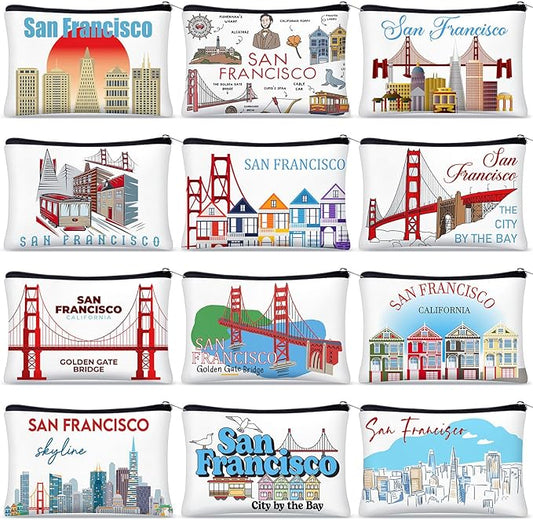 Reginary 12 Pcs City Souvenir Gifts Texas State Gifts Chicago City Souvenirs California Makeup Bag Paris San Francisco Alaska Zippered Cosmetic Bag for Women Traveler Souvenirs(San Francisco)