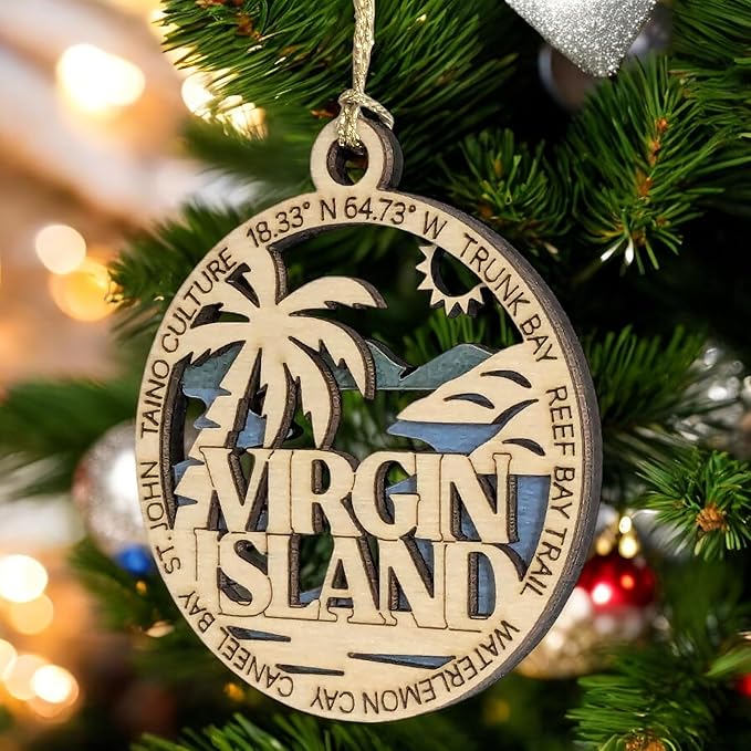 Virgin Islands National Park Handcrafted Ornament - 3" Wood Laser Cut St. John Scene - Trunk Bay, Reef Bay Trail, Watermelon Cay - USA Made Christmas Decor