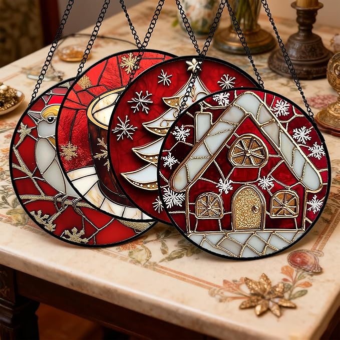Stained Glass Window Hanging 4 Pcs Set Red Christmas Themed Decorations Large 15" - Suncatcher Door Garden Sun Catcher Decor Birthday New Year for Mom Woman Nana Men