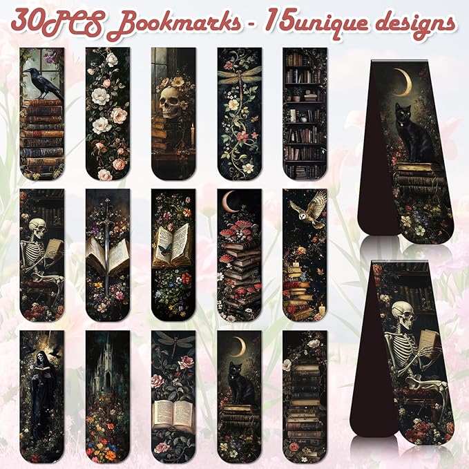 Dark Academia Magnetic Bookmark - 30 Pcs Gothic Flower Book Mark Magnets Retro Aesthetic Bookmarks Magnetic Skull Plants Dragonfly Book Markers Page Clip for Women Students Teacher Reading Gift