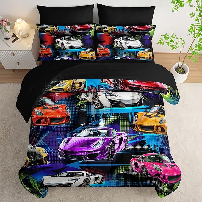 AILONEN 7-Piece Racing Car Comforter Sets Twin Size,Extreme Sports Bedding Set Bed in a Bag for Kids Boys Teens,Cool Speed Race Comforter & Fitted Sheet with Flat Sheet & 2 Pillowcases,2 Pillow Shams