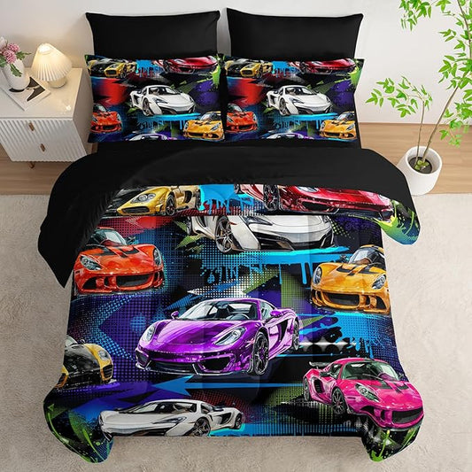 AILONEN 7-Piece Racing Car Comforter Sets Twin Size,Extreme Sports Bedding Set Bed in a Bag for Kids Boys Teens,Cool Speed Race Comforter & Fitted Sheet with Flat Sheet & 2 Pillowcases,2 Pillow Shams