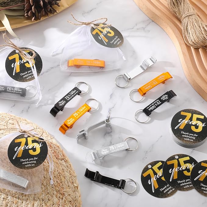 Dandat 54 Sets 75th Birthday Party Favors for Guests Birthday Beer Opener Keychain Cheers to 75 Bottle Opener Keychain with Thank You Cards and Gift Bags for Anniversary Wedding Party Favors