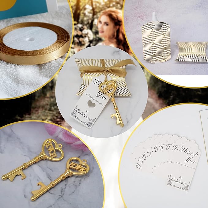 Aokbean 50 pcs Vintage Skeleton LOVE Key Bottle Openers Pillow Candy Box Escort Thank You Tag French Ribbon Wedding Souvenir Gift for Guest (Gold)