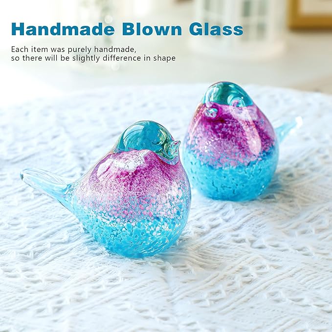 5.5" Hand Blown Glass Blue Bird Figurine Glass Pink and Blue Birds of Happiness Statue Crystal Animal Sculpture Decorative Ornaments for Home Decoration,Birthday Present,Women Gift for Christmas
