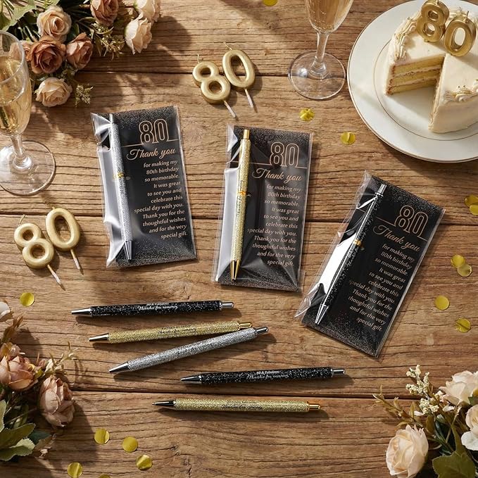 24 Set 80th Birthday Party Favor for Guests Anniversary Appreciation Gifts Birthday Glitter Ballpoint Pen and Thank You Cards for Women Men Years Party Favor Decoration Supplies