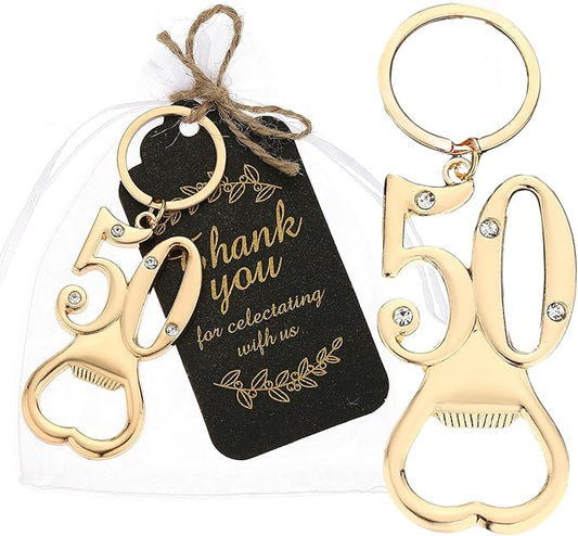 24 pcs 50th Gold Keychain Bottle Opener Birthday Party Favors for Guests,50th Beer Bottle Opener Favors Bulk for Birthday Anniversary Souvenirs Party Decor Supplies (Gold 50th)
