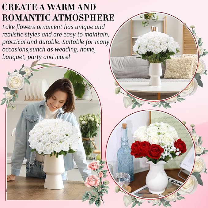Roses Artificial Flowers, Fake Velvet Silk Roses in Bulk for Home Decor Indoor, Fake Roses Realistic Flowers with Stems for Wedding Centerpiece Party Decor (48, White)