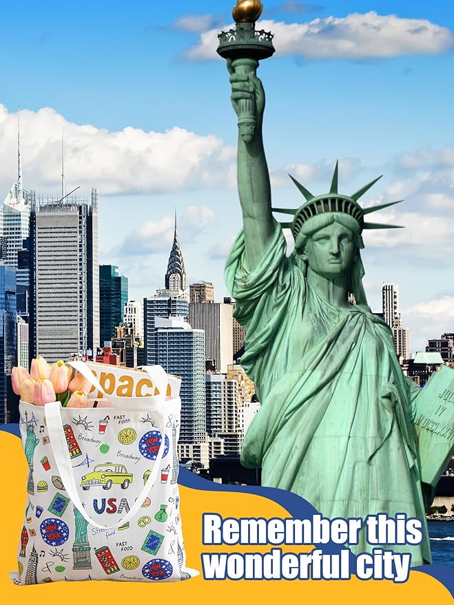 Paterr 4 Pcs New York Canvas Tote Bag New York Souvenir Gift NYC Seattle Souvenir Grocery Bag Women Travel Gifts Grocery Shopping Bag Christmas Party Favors