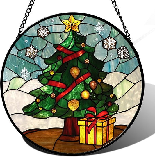 Stained Glass Window Hanging Green Christmas Tree Snowflake Large 11.8" - Suncatcher Door Garden Sun Catcher Xmas Holiday Decor Birthday for Mom Men Woman Friend Nana
