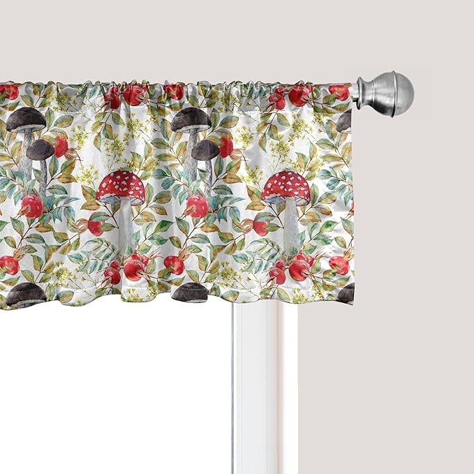 Ambesonne Watercolor Window Valance, Hand Drawn Dogrose and Mushrooms Autumn Leaves Berries Amantias Nature Inspired, Curtain Valance for Kitchen Bedroom Decor with Rod Pocket, 42" x 18", Red Green