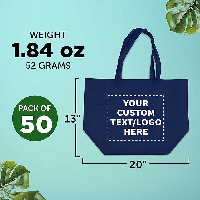 DISCOUNT PROMOS Custom Southern Style Grocery Tote Bags Set of 50 - Personalized Bulk Pack, Reusable Grocery & Shopping Bags - Great for Travel, Business Promotions - Navy Blue - 20"X13"X8"