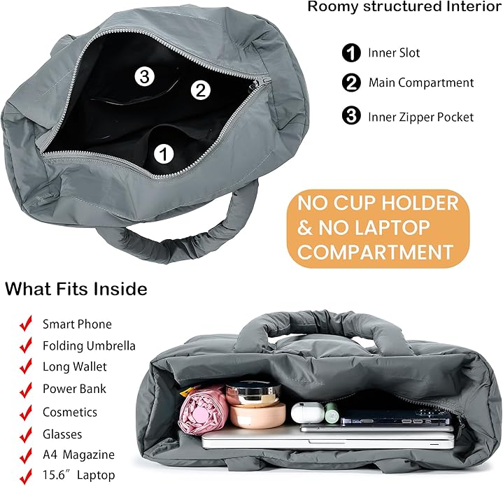 Herald Puffer Tote Bag for Women, Large Quilted Puffy Handbag Lightweight Satchel Purse with Cup Holder & Compartment