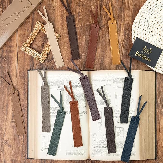 12 Pcs Leather Bookmark with Tassel, Classic Style Bookmark, 0.05 Inches Thin Handmade Stitched Bookmarks for Men, Book Marks for Reading, Gifts for Book Lovers, Readers