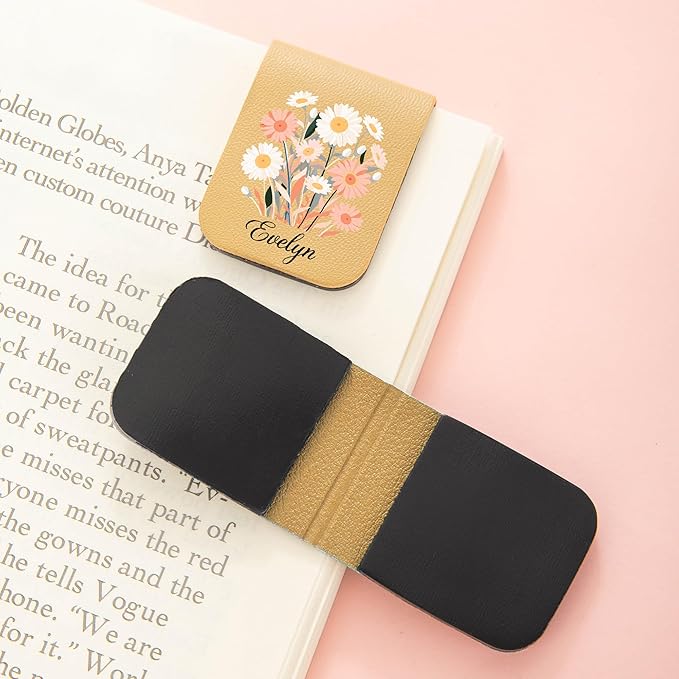 callie Personalized Magnet Bookmark Clips - Custom Birth Flower & Name, Leather Magnetic Book Page Marks for Reading, Gifts for Women Men Book Lovers