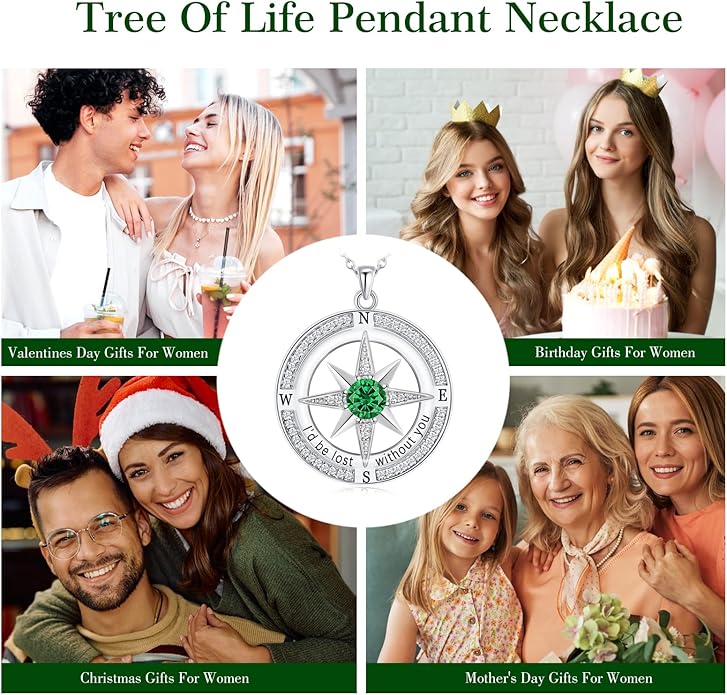 S925 Necklace Birthstone Compass Gift for Women Jewelry Sterling Silver Necklace for Wife Wedding Anniversary Girlfriend Birthday Gifts for Her Valentines Day Mom Mothers Day