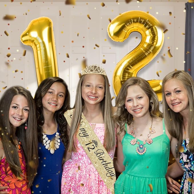 12th Birthday Decorations for Girls Gold with 12th Birthday Sash and Tiara, Candles and Cake Toppers, Number Balloons, 12 Year Old Gifts for Girl