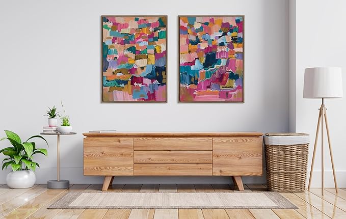Kate and Laurel Sylvie Applause Framed Canvas Wall Art Set by Leah Nadeau; 2 Piece Set 28x38 Gold; Colorful Abstract Art Set for Wall