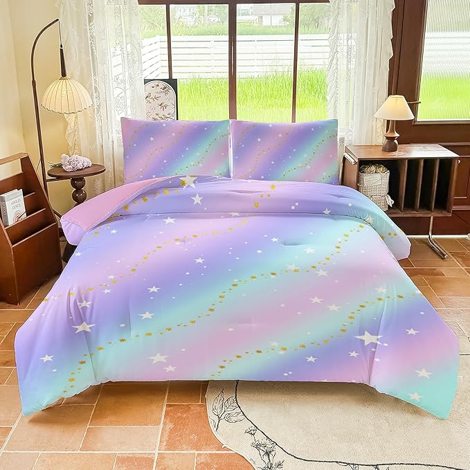 Rainbow Bedding Set Full Size – 5 Piece Reversible Girls Comforter with Deep-Pocket Sheet, Gradient Galaxy Design, Whole-Piece Filling, Machine Washable Bed-in-a-Bag for Kids Room Makeover & Gifts