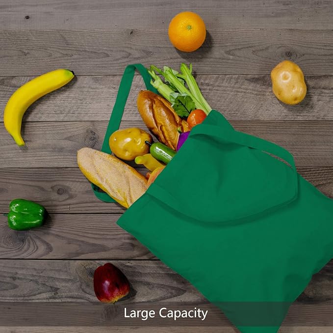 TOPDesign 12-Pack Economical 16"x15" Kelly Green Cotton Tote Bag, Lightweight Medium Reusable Grocery Shopping Cloth Bags, Suitable for DIY, Advertising, Promotion, Gift, Activity