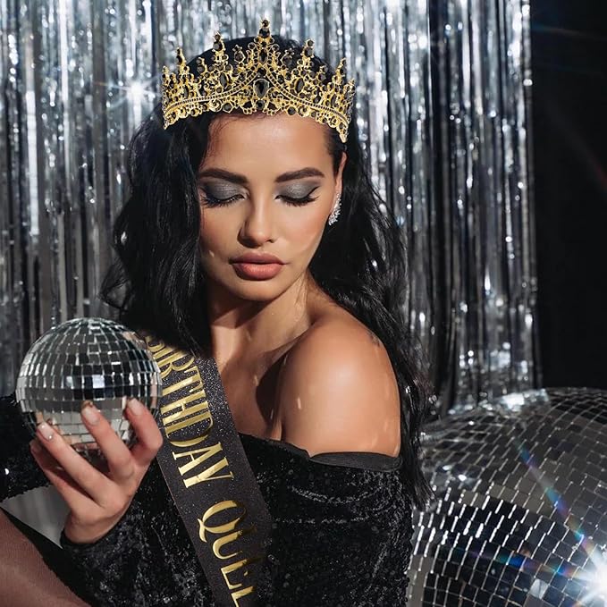 COCIDE Black Birthday Sash and Crown for Women - Crystal Tiaras Decorations for Girl,Glitter Rhinestone Gifts Headband Sashes Decor,Coronas for Queen,Happy Birthday Accessories Party Favors