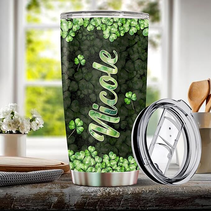 Personalized Skull Leprechaun Shamrock St Patricks Tumbler Coffee Cup Water Bottle Gift for Men Women Him Her 20oz Stainless Steel Insulated Travel Mug with Lid