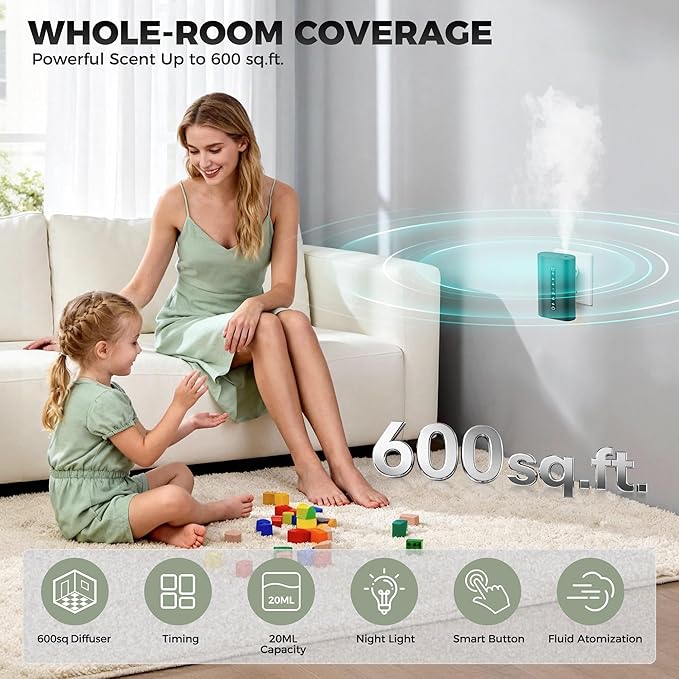 Smart Plug-in Scent Diffuser Set, Waterless Scent Diffusers Home, Cold Air Mist, Timer Control, and 3 Mist Intensity Settings, Suitable for Home, Office, and Small Spaces,Black