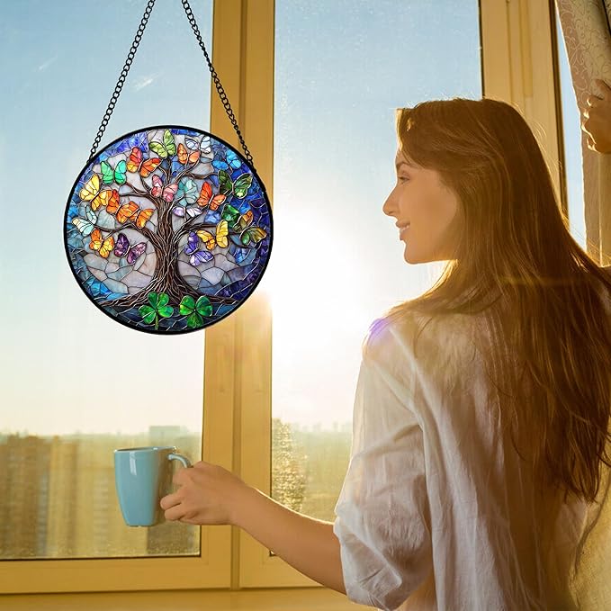 Stained Glass Window Hanging, Butterfly Tree Clover Sun Catchers Glass Panel Blue Suncatcher Decor for Birthday for Women, Men, Wife, Aunt, and Mom 11.8x11.8 in