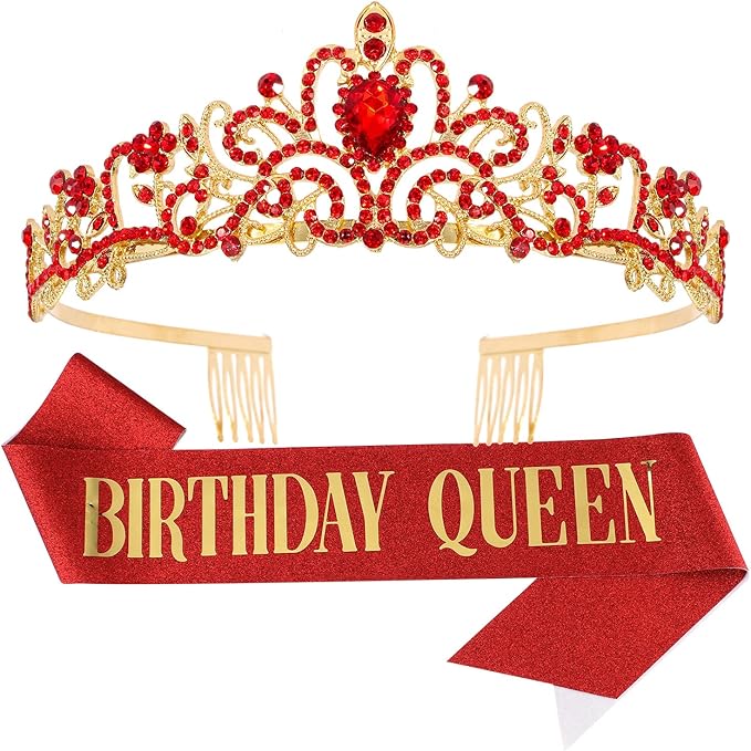 Happy Birthday Queen Tiara Crowns for Women, Red Sash, Party Favors Supplies Gift, 30th Decorations, Stuff Accessories