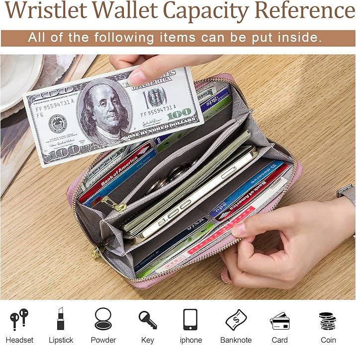 imeetu Leather Wristlet Purse for Women with Credit Card Holder, Zip Coin Pocket & Wrist Strap
