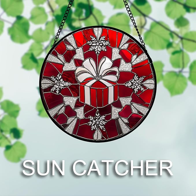 Stained Glass Window Hanging 4 Pcs Set Red Christmas Decorations Theme Large 15" - Suncatcher Door Garden Sun Catcher Decor Birthday for Mom Woman Nana Men Friend Wife