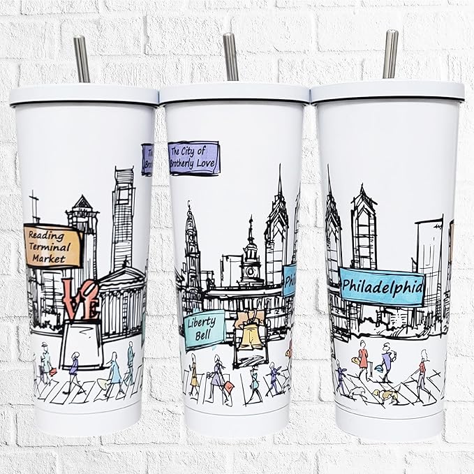 Cities Around the World 25 Oz Tumbler Series- Designed in the USA- Vacuum Insulated Tumbler with Lids Straw - Stainless Steel Coffee Water Travel Mug, Cup for Hot Cold Drink (Philadelphia)