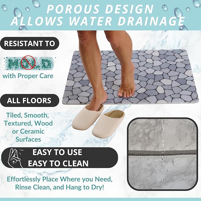 Enkosi Loofah Non-Slip Shower Mat - Shower Floors, Bathtub, Bathrooms, Wet Areas - Cushioned Bath Mat with Drain Holes - Quick Dry PVC, Secure Safety Pad Without Suction Cups (32x24 Pebble Blue)