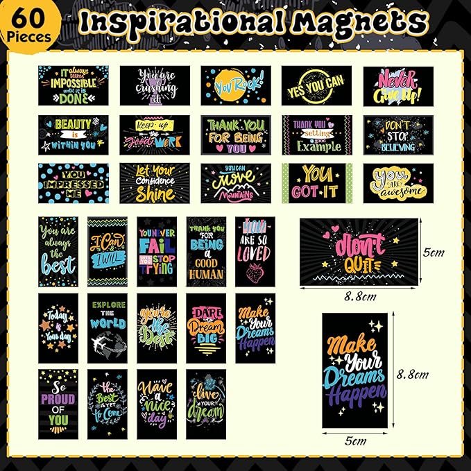 Xuhal 60 Pcs Inspirational Magnets Bulk Rectangle Positive Affirmation Magnets Decals Decorative Inspiring Fridge Magnetic Stickers for Adults Students Team Motivational Gifts(Black,Paint)